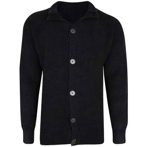 KAM Button Thru Washed Heavy Knit Cardigan Black